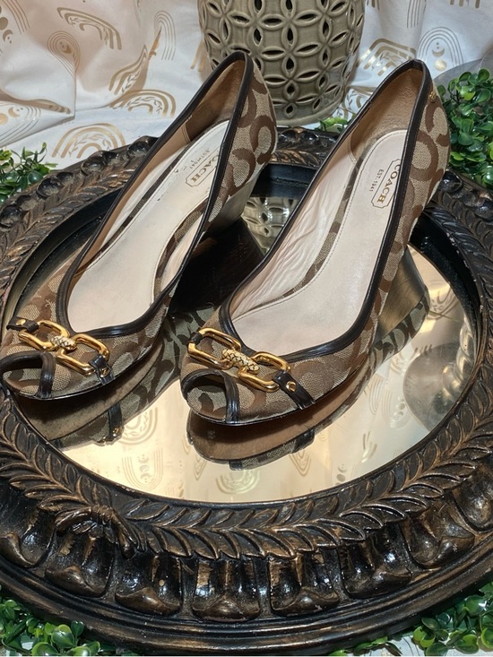 Coach Shoes - Coach Brown Signature Canvas Peep-Toe Heels with Gold Hardware